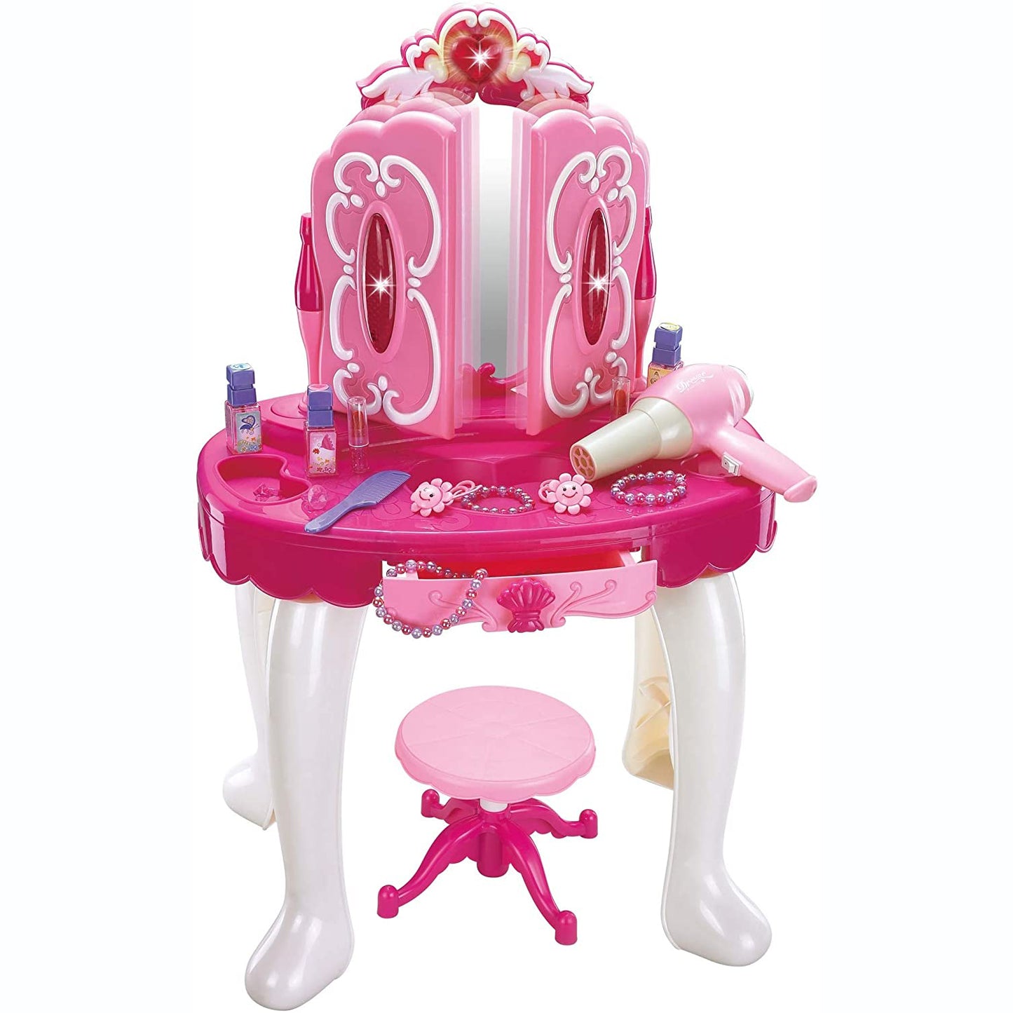 Set salon de frumusete, oglinda cu deschidere eletrica si uscator de par functional, 15 accesorii