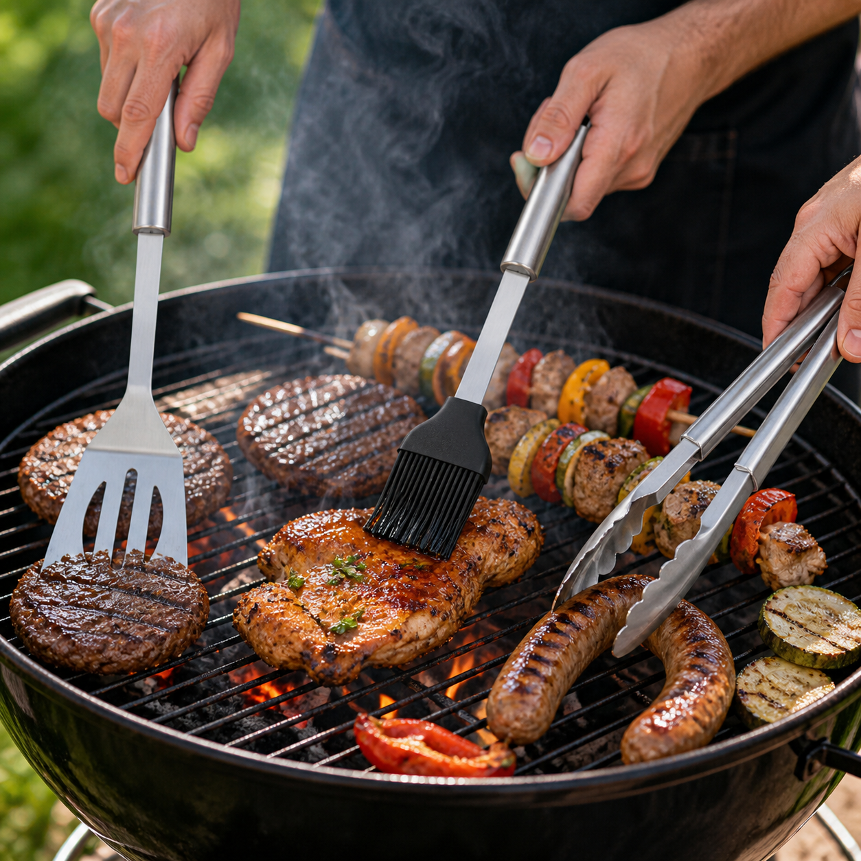 Set 5 ustensile si accesorii pentru gratar GrillMixx idealSTORE, Fabricate din otel inoxidabil