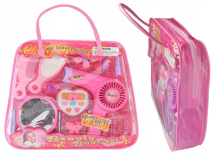 Trusa de Infrumusetare pentru Fetite, KinderVibe, cu Gentuta, Include Uscator cu Sunete, Oglinda, Bigudiuri, Machiaje, Perie de Par, Roz