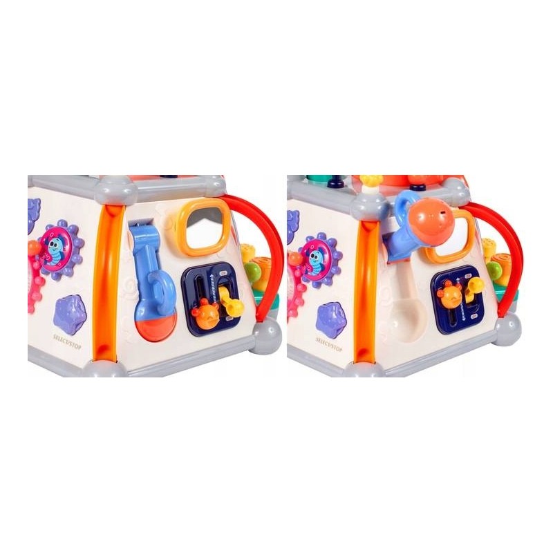 Jucarie Interactiva pentru Bebelusi, Cubul Educativ, Indiggo, Include 5 Panouri de Joaca, 20 de Activitati Diferite, Telefon, Ciocan, Microfon, cu Efecte Luminoase si Sunete, Jucarie Distractiva, 18 luni+, Multicolor