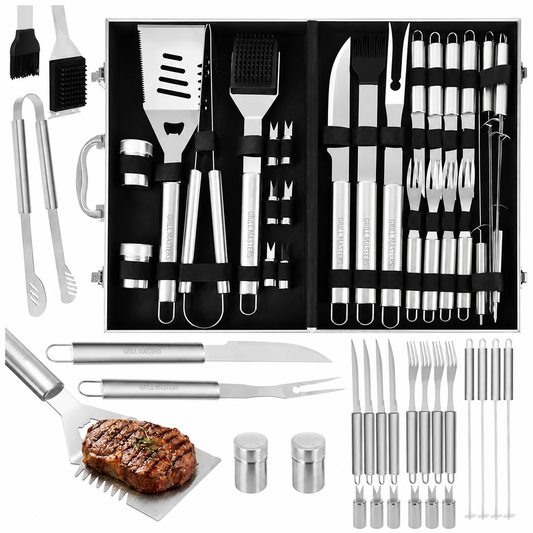 Set 26 ustensile si accesorii pentru gratar GrillMixx idealSTORE, Fabricate din otel inoxidabil, Calitate premium, Cutie de transport inclusa