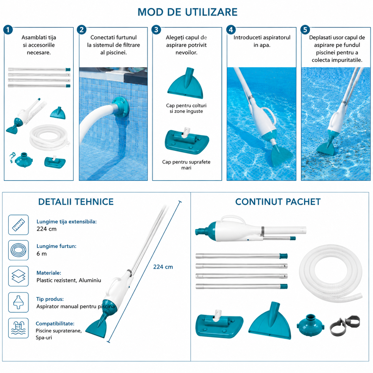Set de curatare piscine manual PoolClean idealSTORE, Debit pompa filtrare 2006L/h, Lungime furtun aspirare 6m, Maner 1.9m