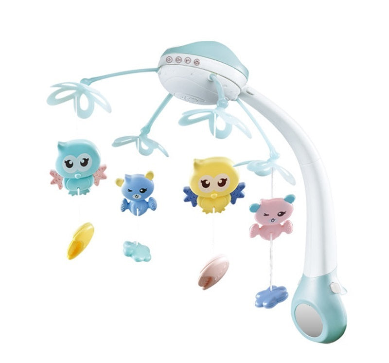 Carusel Muzical pentru patut, interactiv multifunctional, Rotire 360, sunete, lumini, proiector, 4 jucarii, +0 luni, Bleu