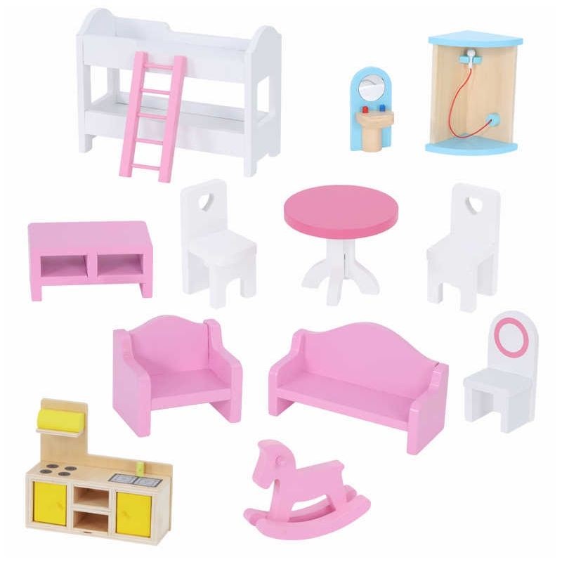 Casuta din lemn pentru papusi cu 12 accesorii mobilier, PROCART, 3 nivele, 59x30x90 cm