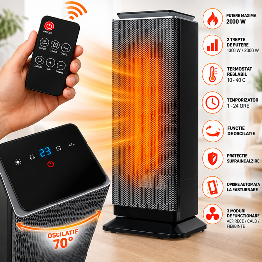 Radiator electric HotFire idealSTORE, Putere 2000w, Detine 2 trepte de putere, Termostat reglabil intre 10 °C-40°C