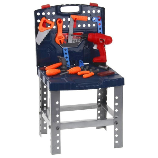 Banc de Lucru, Super Tools, Asamblat in Valiza Practica si Usor de Carat, 50 Accesorii +, Include Bormasina Functionala, Surubelnite, Ciocan, Fierastrau, 72 cm Inaltime, Albastru