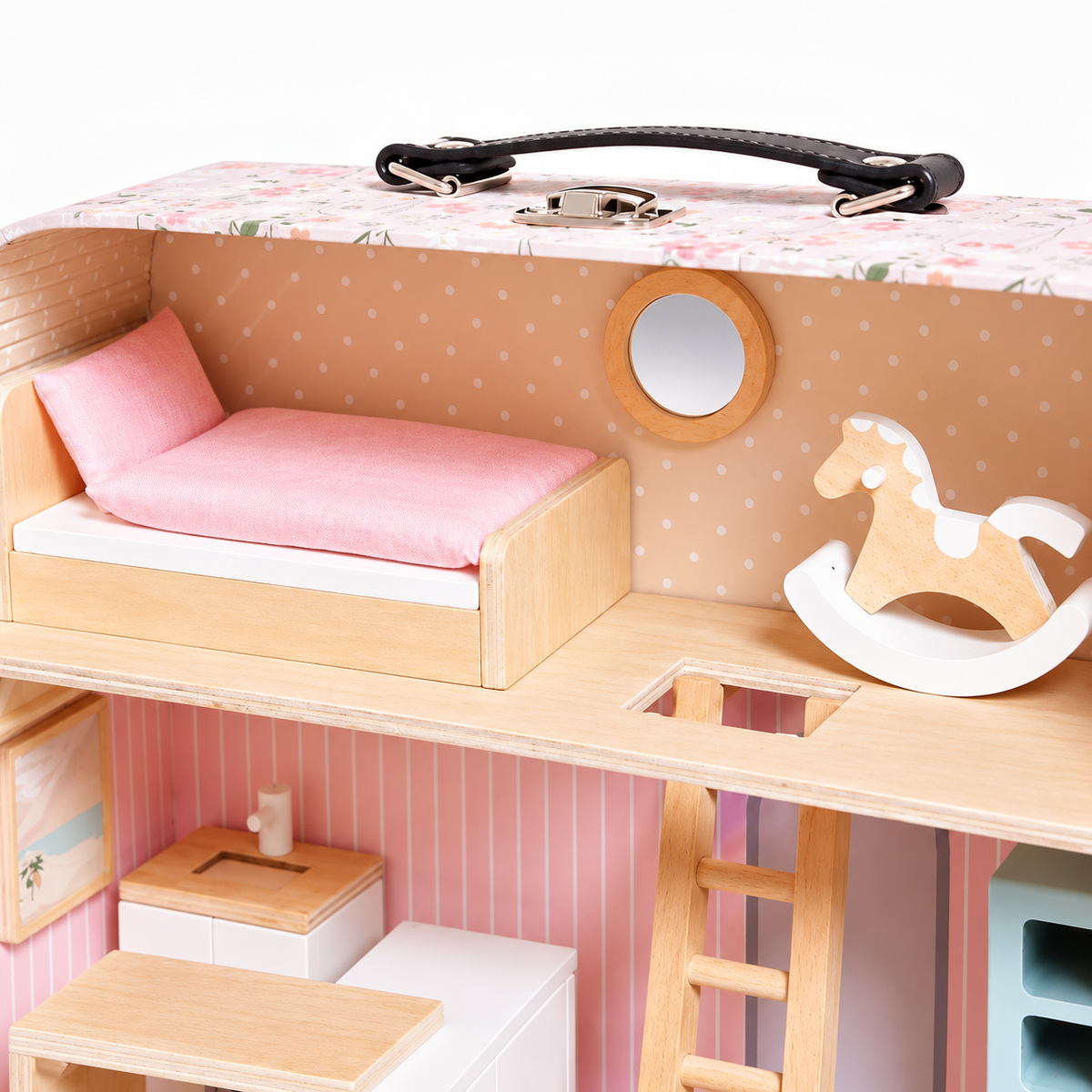 Casuta de papusi tip valiza pliabila din lemn idealSTORE, cu 2 etaje, mobilier si accesorii miniaturale
