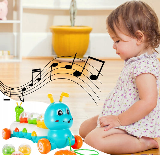 Jucarie Interactiva Muzicala pentru Bebelusi, Omida Vesela, Indiggo, cu Lumini si Melodii, Include 3 Bile Colorate, Snur de Tras de 30 cm, Incurajeaza Invatarea Mersului, Distractiva si Educativa, 18luni+, Multicolor