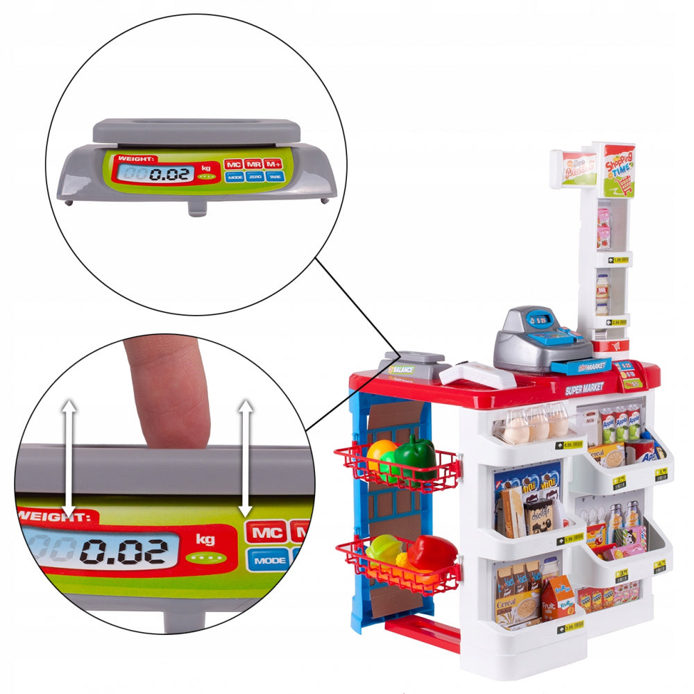 Set de joaca Supermarket realist cu Casa de marcat, Carucior mobil, Stand de vanzare, Cantar si Accesorii alimentare, 88 x 48 x 41 cm