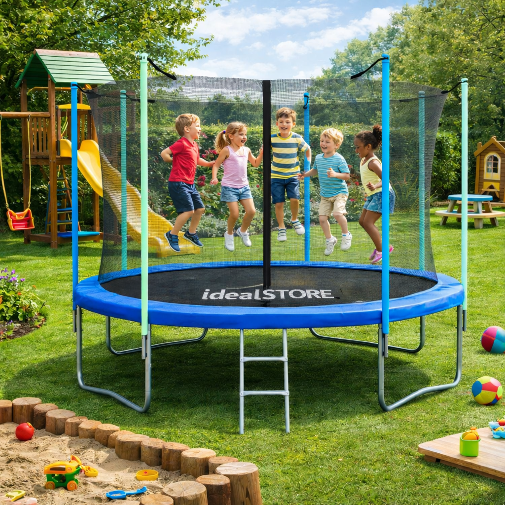 Trambulina copii idealSTORE, Diametru 244 cm, Fabricata din Otel, 42 de arcuri, Sarcina 150 de Kg, Scara de Acces