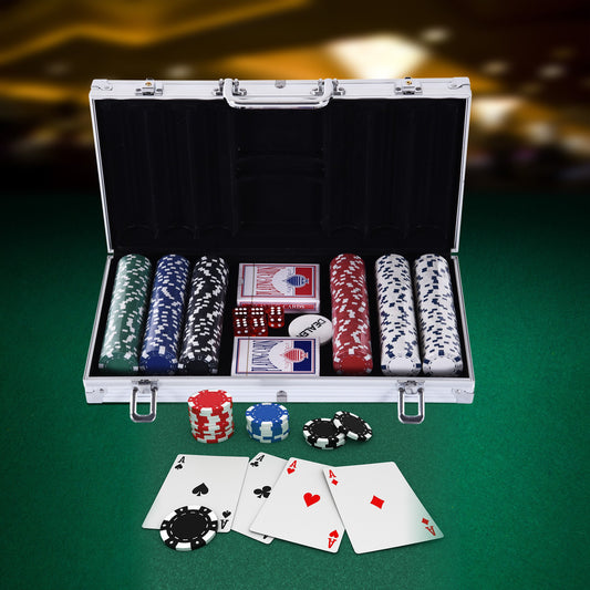 Set de Poker Homcom, 300 jetoane, Carcasa din aluminiu, Argintiu