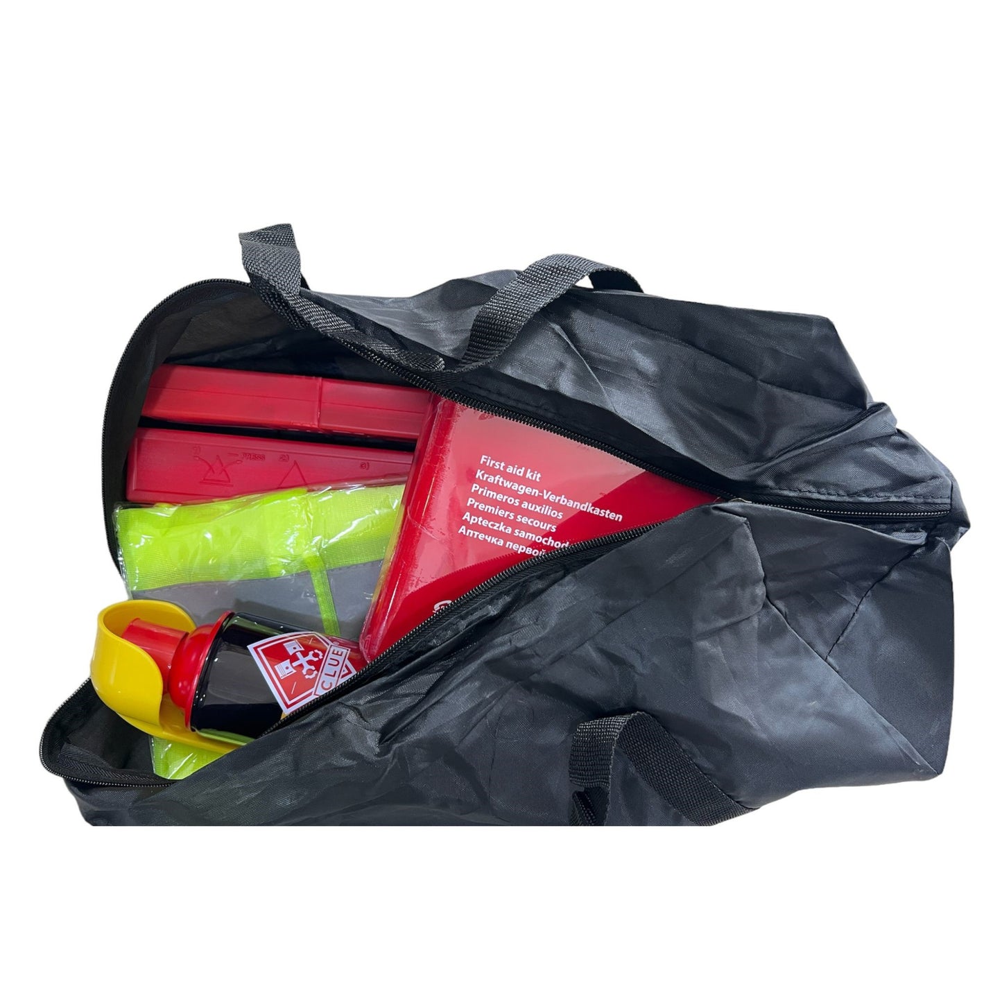 Kit siguranta auto, contine extinctor tip spray, trusa medicala omologata european, 2 x triunghi reflectorizant si vesta reflectorizanta universala