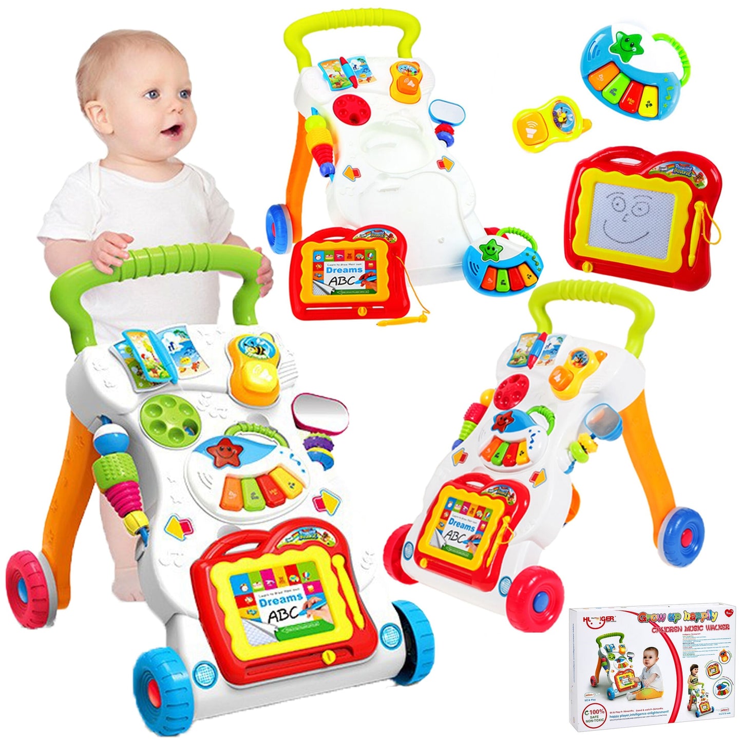 Antemergator Interactiv 3 in 1 GROW UP HAPPY idealSTORE, Include o tabla de scris detasabila, Un Pian Interactiv cu melodii Vesele, Telefon cu Numere, Carte de culori, Ajuta la Invatarea Mersului si Dezvoltarea Lingvistica