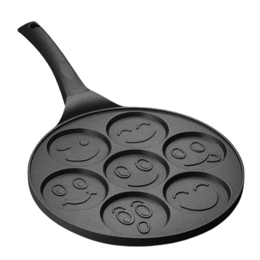 Tigaie Plata Profesionala pentru Oua si Clatite Welora cu 7 Sectiuni - Design Smileys, Strat Antiaderent, Granit, Diametru 26,5 cm, Grosime 1,3 cm, pentru Sobele pe gaz si electrice, Cu Exceptia celor cu Inductie - Culoare Neagra
