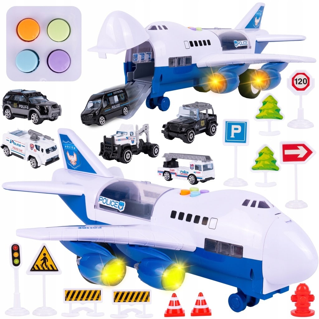 Avion Interactiv Cu Vehicule de Transport FLY AIRBUS idealSTORE, Efecte Sonore si Luminoase, Usi cu Deschidere, Aripi Detasabile, Design Realist, Accesorii Incluse, Dezvolta Imaginatia si Creativitatea, Dimensiune 38x31.5x16.5Cm, Culoare ALbastru