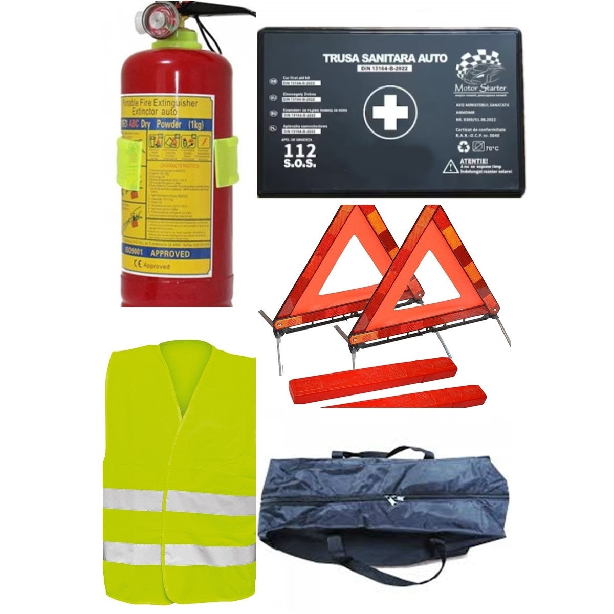 Kit siguranta rutiera auto 1 trusa sanitara omologata, 1 stingator cu manometru 1kg, 2 triunghiuri reflectorizante, 1 vesta reflectorizanta, geanta depozitare