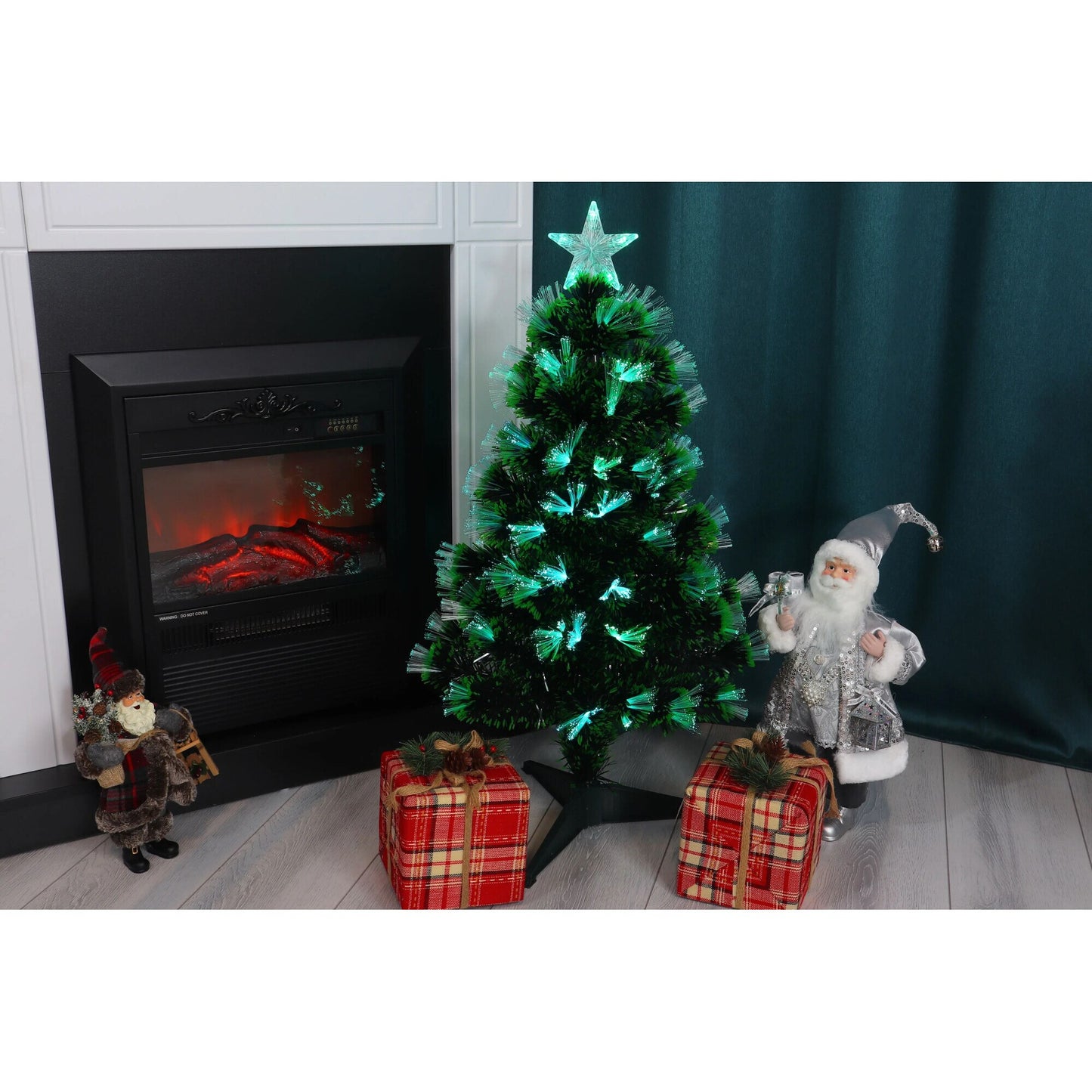 Brad Artificial de Craciun cu Fribra Optica IdealStore, Inaltime 90cm, 95 Led-uri RBG, Gama Larga de Culori, Varf Stil Steluta Inclus, Joc de Lumini, Suport Solid de Metal Inclus, Culoare Verde