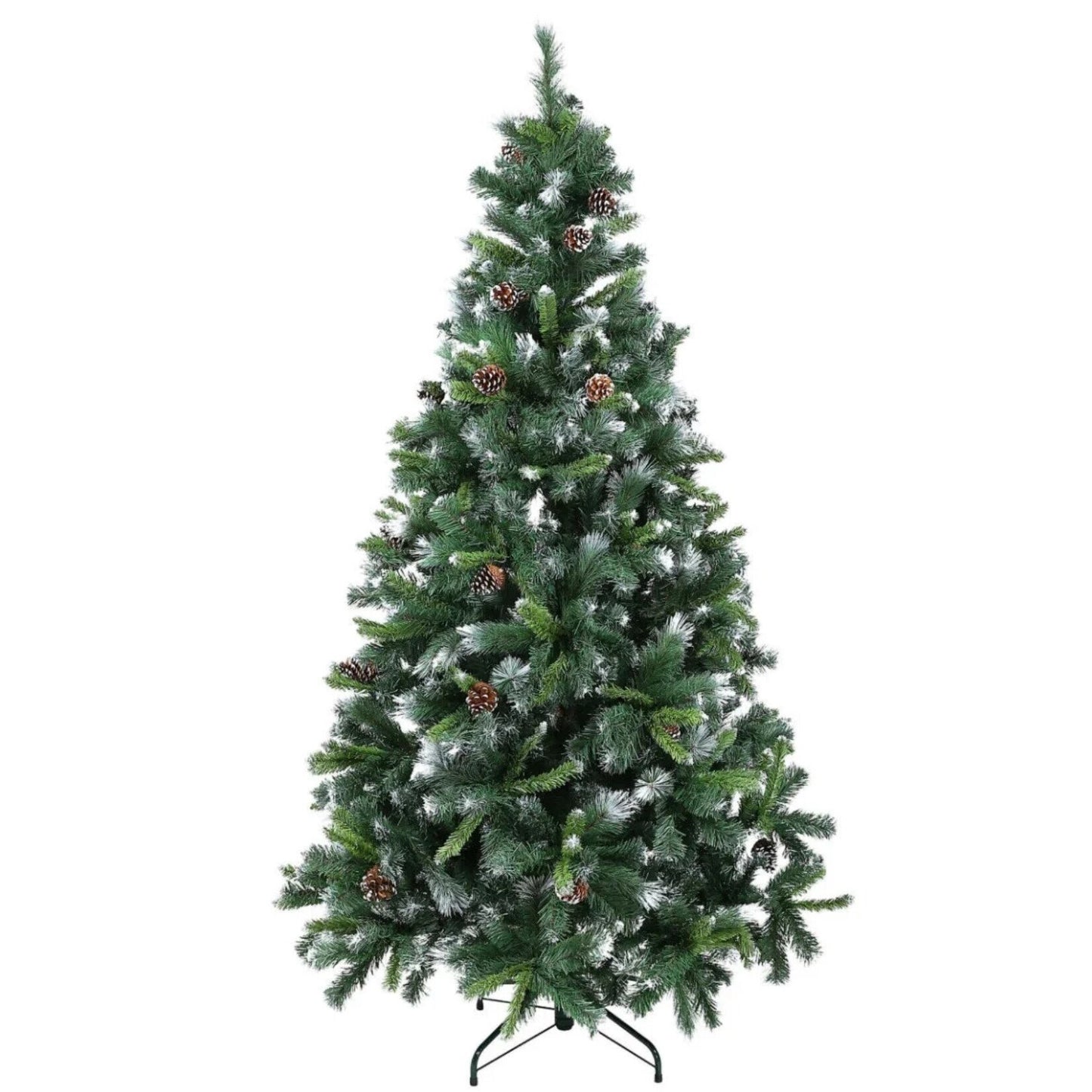 Brad Artificial de Craciun cu Ramuri Inghetate si Conuri idealStore, Inaltime 210cm, 866 de Varfuri, 32 Conuri de Pin, Suport Metalic Solid Inclus, Usor de Instalat, Culoare Verde