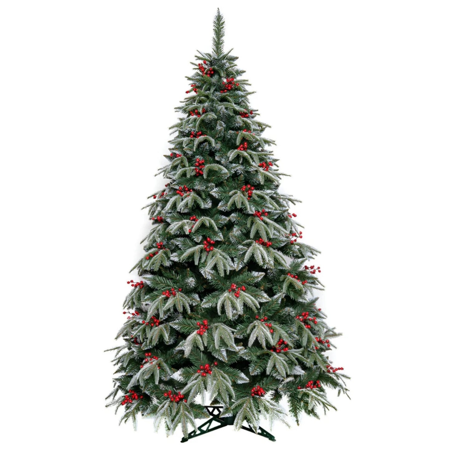 Brad Artificial de Craciun idealStore, Ramuri Ninse, Inaltime 220CM, Diamentru Baza 130CM, Decorat cu Fructe Rosii, Suport Solid Inclus, Aspect Natural Realist, Asamblare Usoara