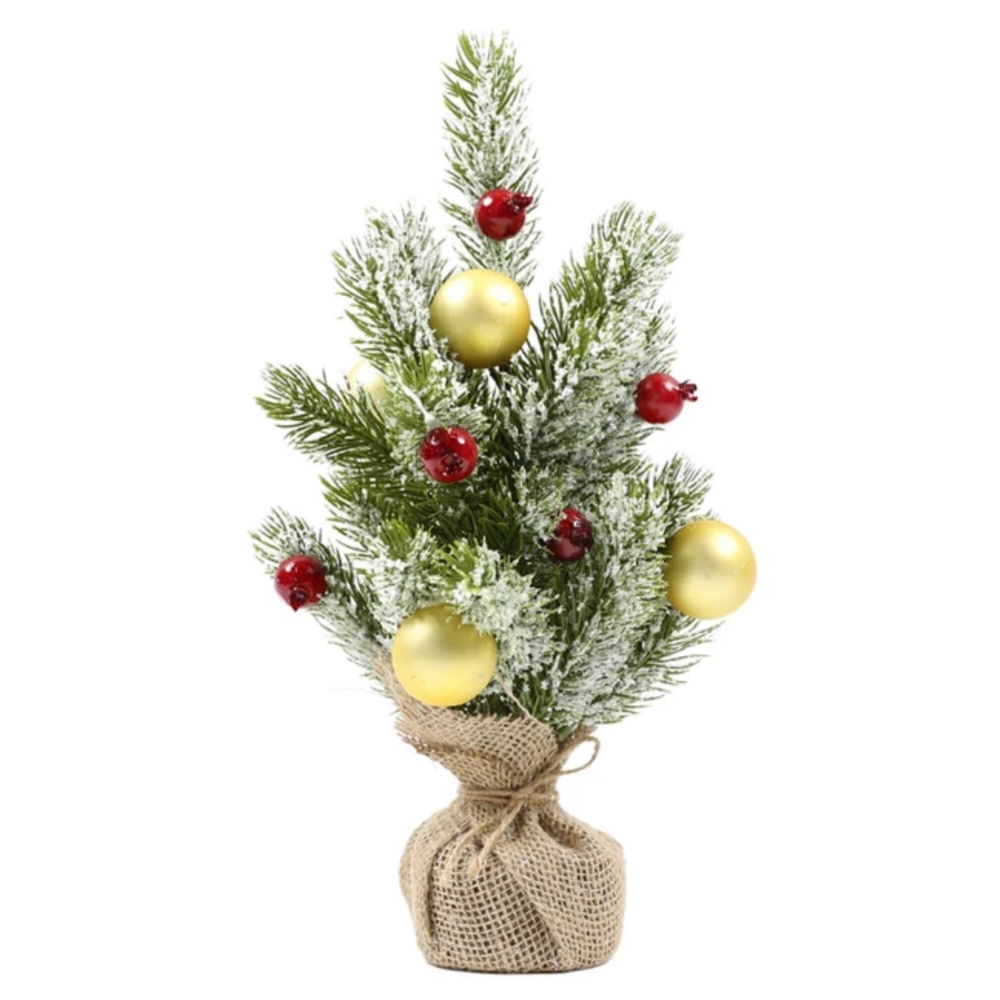 Bradut Decorativ de Craciun idealStore, Inaltime 35CM, Crangute de Brad Ninse, Decorat cu Merisoare Rosii si Globulete Aurii, Perfect pentru Decorarea Mesei de Craciun