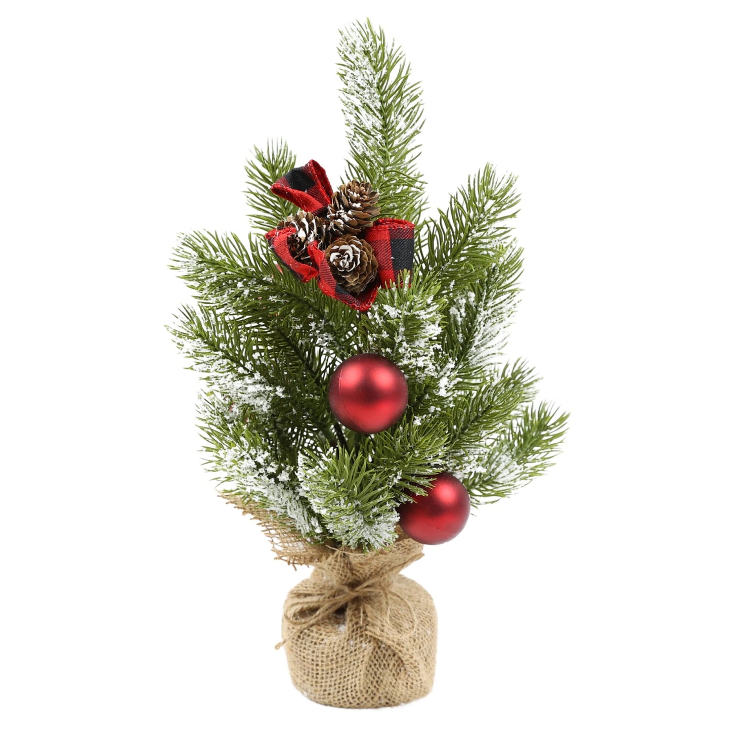 Bradut Decorativ de Craciun idealStore, Inaltime 35CM, Crengute de Brad Ninse, Decorat cu Globulete Visinii si Funda cu Conuri de Brad, Perfect pentru Decorarea Mesei de Craciun