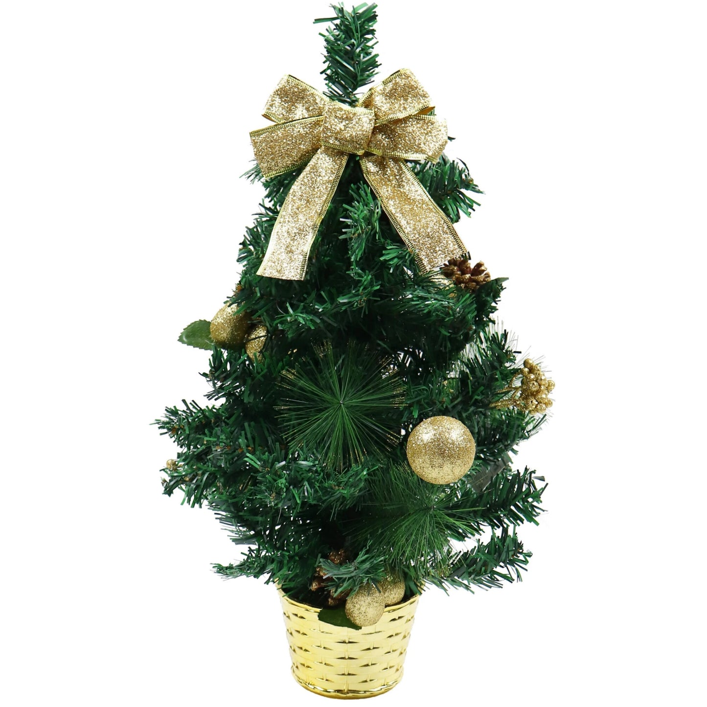 Bradut Decorativ de Craciun idealStore, Inaltime 60CM, Cosulet Impletit la Baza, Decorat cu Funda Aurie, Globulete Rosii, Fructe Decorative si Conuri de Brad, Realizat din Plastic Verde