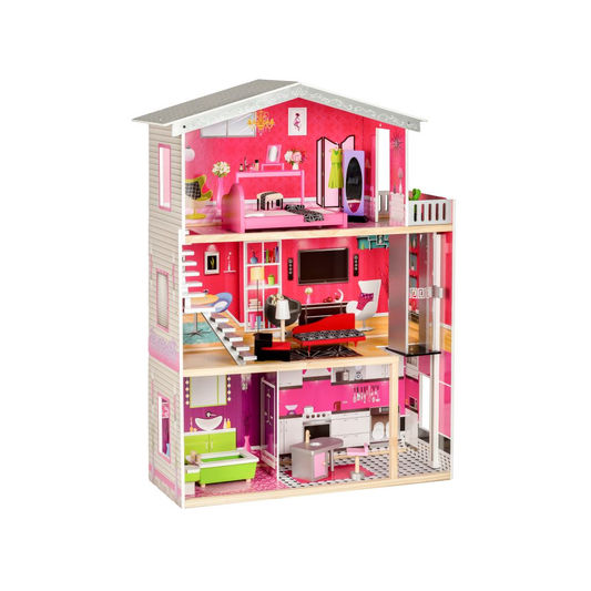 Casuta de Papusi din Lemn, Bigshot BS4118PNK, 3 Niveluri, Scara Interioara,, Lift, 4 Camere, Baie, Bucatarie, Papusa si 10 Piese Mobilier, Multicolora