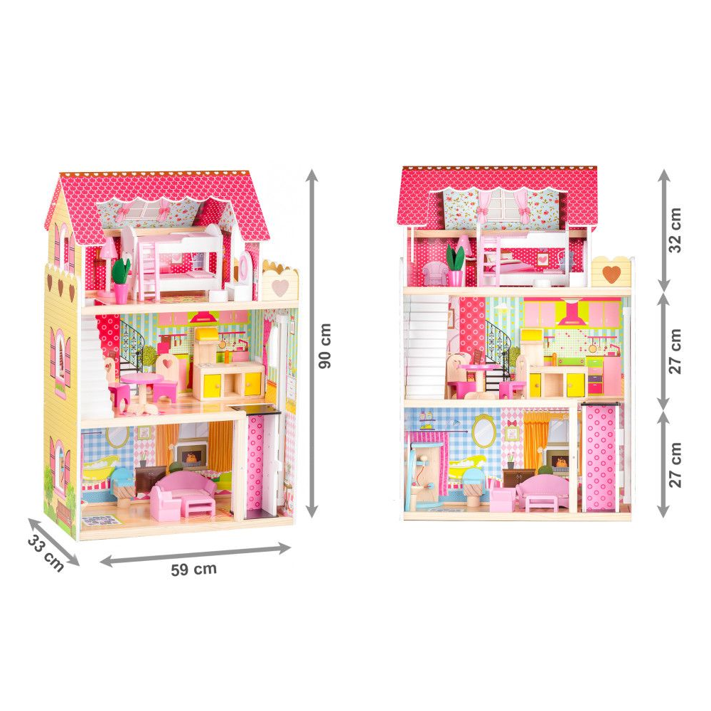 Casuta de Papusi din Lemn pentru Copii, Bigshot BS4120PNK, 3 Niveluri, 4 Incaperi, Baie, Bucatarie, Lift, Terasa, Mobilier, 2 Papusi, Roz