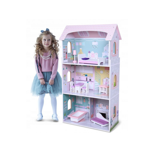 Casuta de Papusi din Lemn pentru Copii, Bigshot BS4121PNK, 3 Niveluri, 4 Incaperi, Baie, Bucatarie, Mobilier, Roz