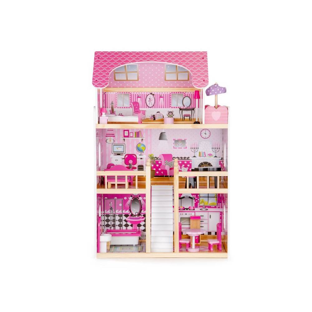 Casuta de Joaca Copii Bigshot BS6391PINK, 3 Niveluri, 5 incaperi, Baie, Bucatarie, Terasa, Lumini Led, 17 Piese de Mobilier, 90 x 59 x 30 cm, Roz