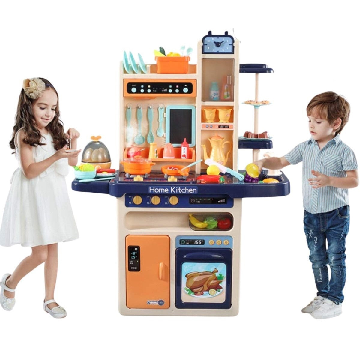 Bucatarie Completa pentru Copii, cu Abur, Chiuveta cu Circuit de Apa, Frigider, Cuptor, Fierbator de Oua, Ustensile, Fructe, Legume, Lumini si Sunete - Set de 65 Piese