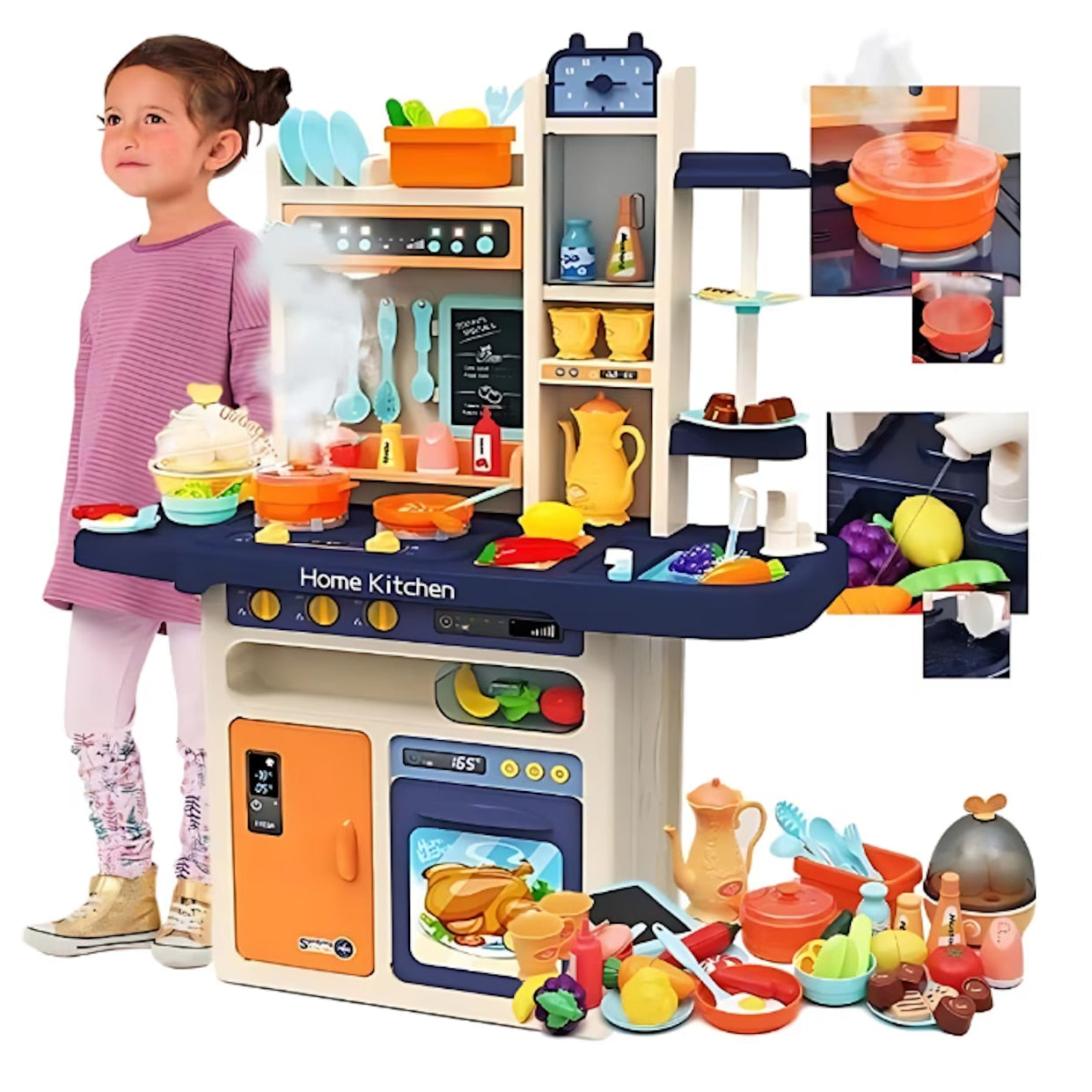 Bucatarie Multifunctionala Home Kitchen idealSTORE 93x71 cm cu Sunete, Lumini si 65 Piese, Chiuveta cu Circuit de Apa