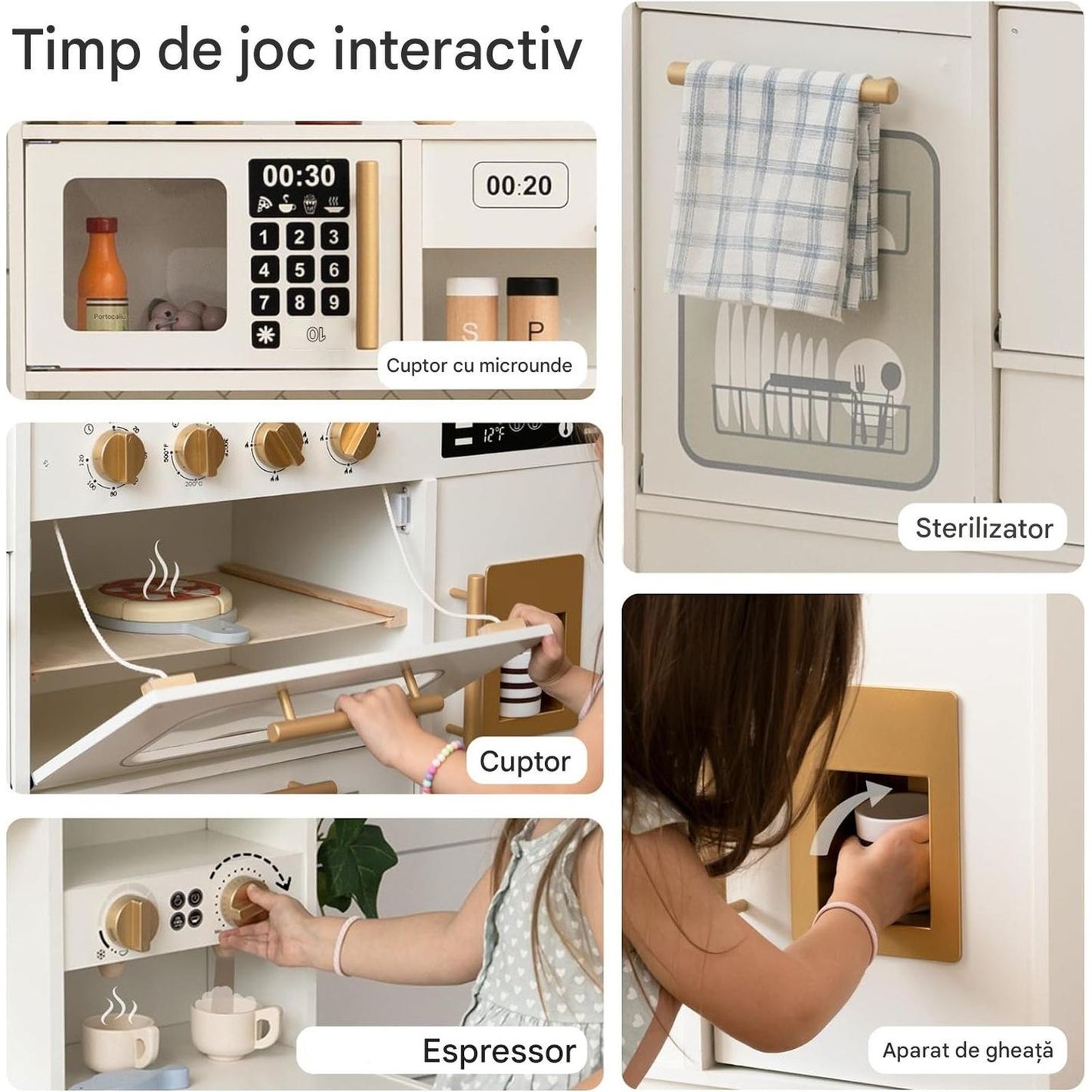 Bucatarie din lemn pentru copii idealSTORE,completa cu electrocasnice, sunete si accesorii