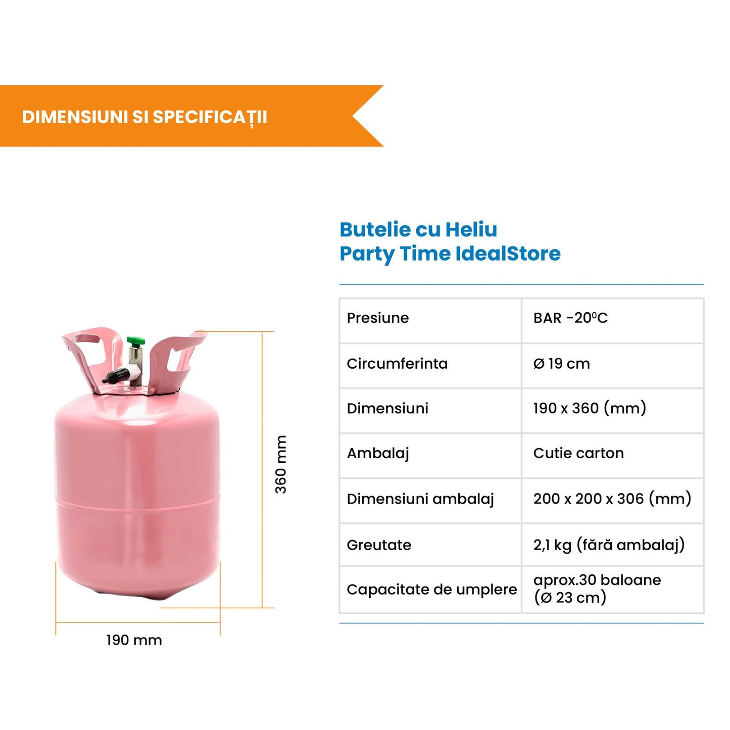 Butelie cu heliu pentru baloane IdealStore Fun 0.2 m3 cu reductor, pana la 30 baloane