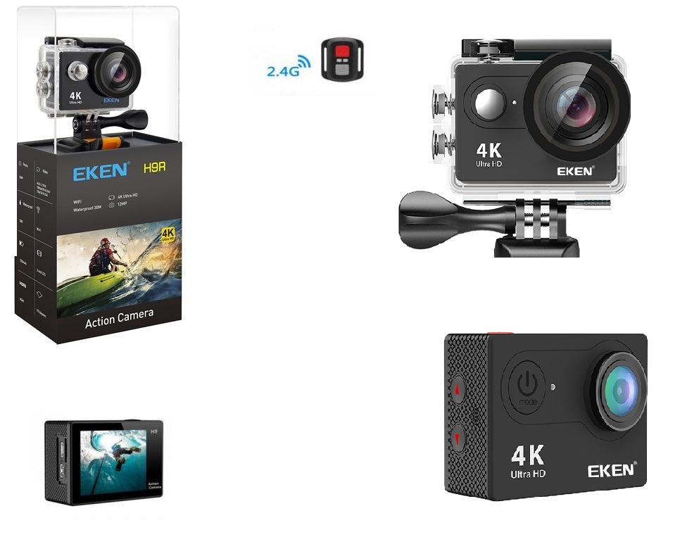 Camera video super sport EKEN Ultra HD 4K 170 grade, ,HDMI,Subacvatica 30 m, Wi-Fi Hotspot,Kit accesorii sporturi extreme, prinderi multiple HDMI, 2-inch, Black+ Telecomanda Cadou