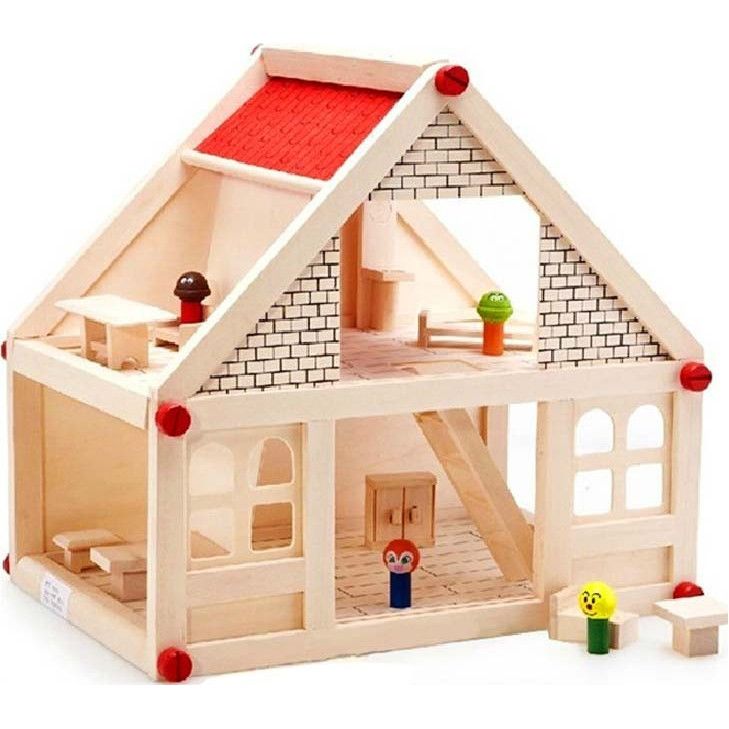 Casuta de Papusi din Lemn idealStore Eco Wood Residence, Complet Mobilata, Echipata cu 4 figurine simbolice, Elemente individuale ce pot fi Pictate, Contine Kit complet pentru Montare