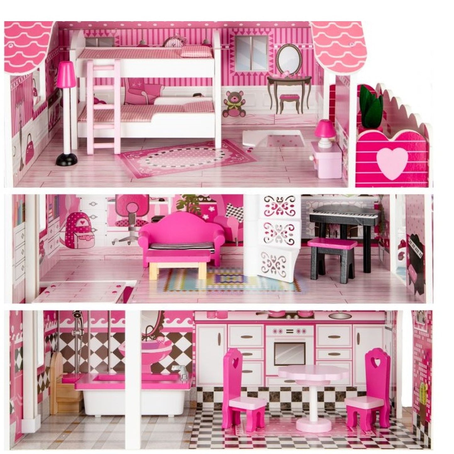 Casuta de Papusi din Lemn idealSTORE cu Lift 3 Nivele si Mobilier