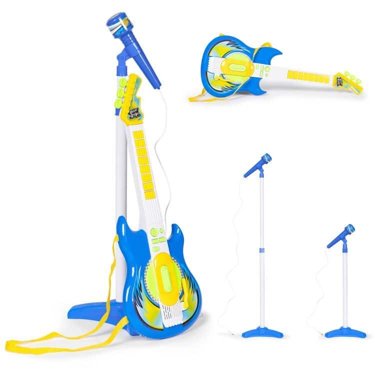 Chitara Rock Loves Music cu Microfon si Suport idealSTORE pentru Copii, Posibilitatea de a Conecta un Player MP3 sau un Telefon, Melodii Fericite, Curea de Umar Confortabila, Dezvolte Abilitatile de Ritm intr-un Mod Distractiv si Interactiv