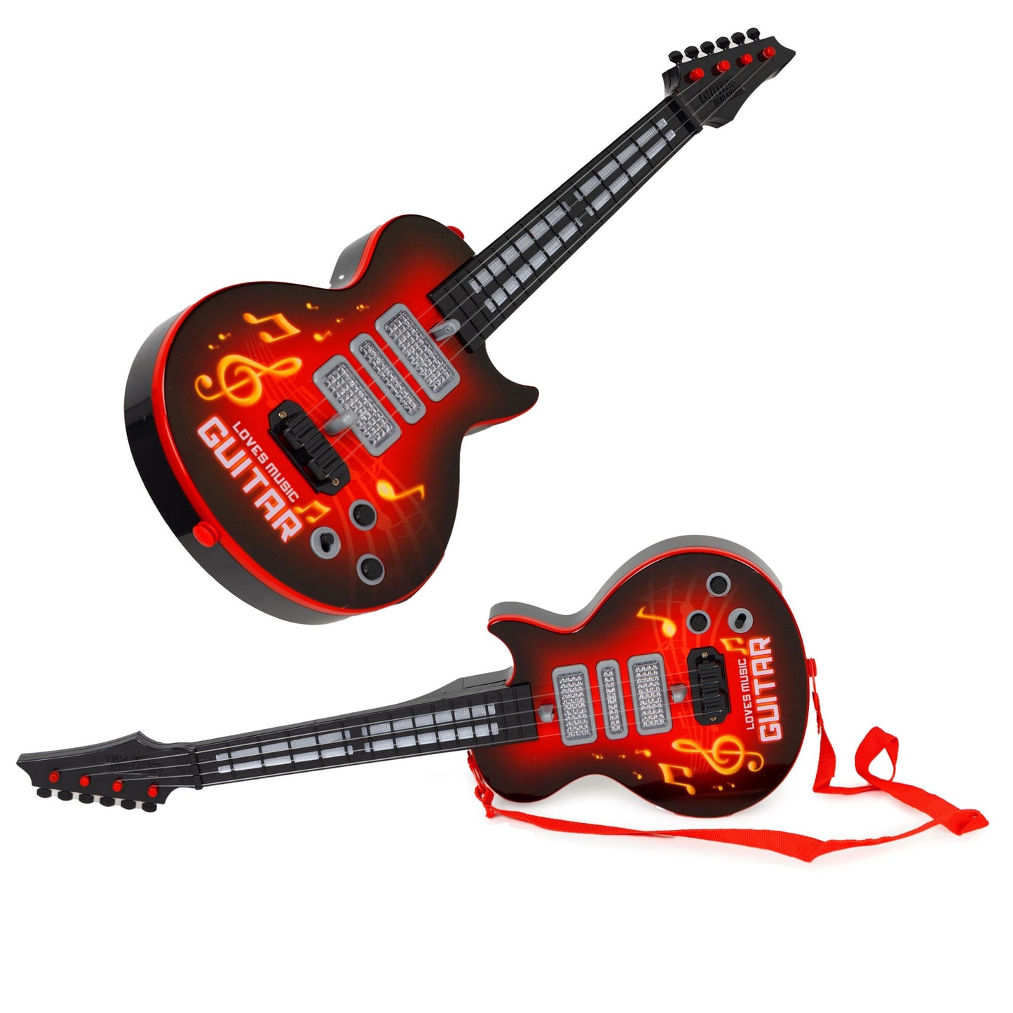 Chitara Rock Loves Music idealSTORE pentru Copii, Accesorizata cu Iluminare LED, Include 8 Melodii Fericite, 8 Sunete de Instrumente, Curea de Umar Confortabila, Senzor Infrarosu, Dezvolte Abilitatile de Ritm intr-un Mod Distractiv si Interactiv, Red