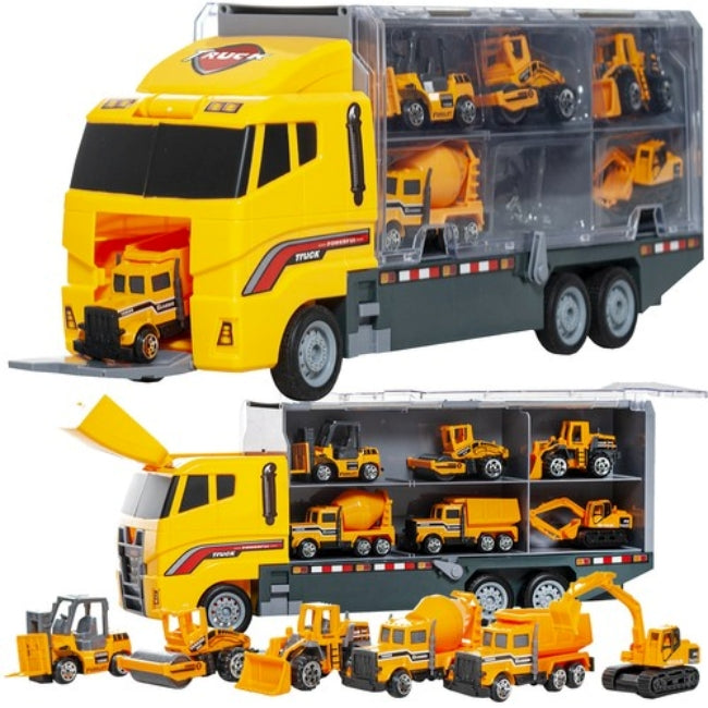 Set camion trailer de jucarie pentru transport CLASStitide, utilaje de constructie, masinute tip excavator, tir, elicopter, 36 x 15 x 9.5 cm, Galben