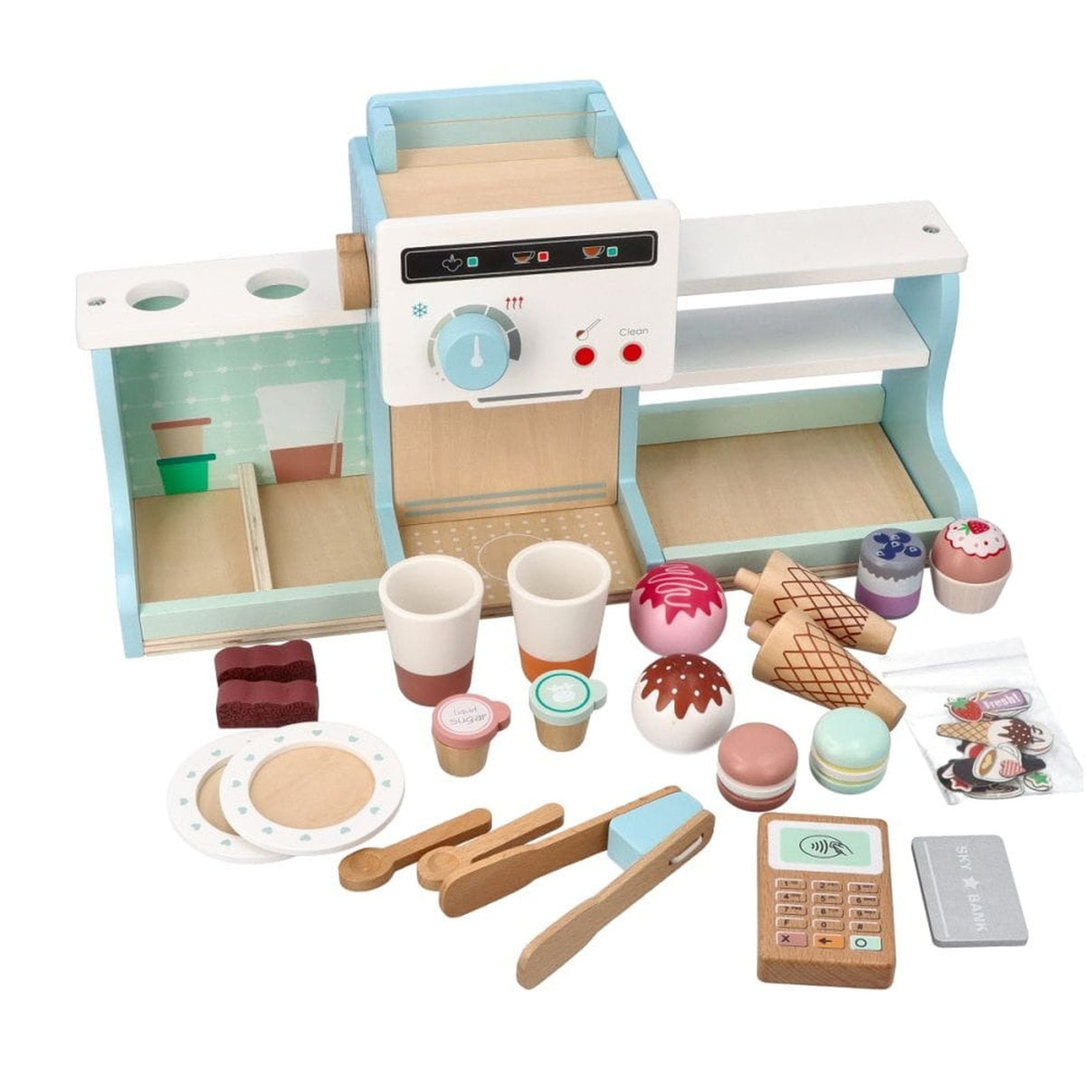 Jucarie de lemn 2in1 idealSTORE Cofetarie si Cafenea Montessori pentru copii cu accesorii si joc de rol