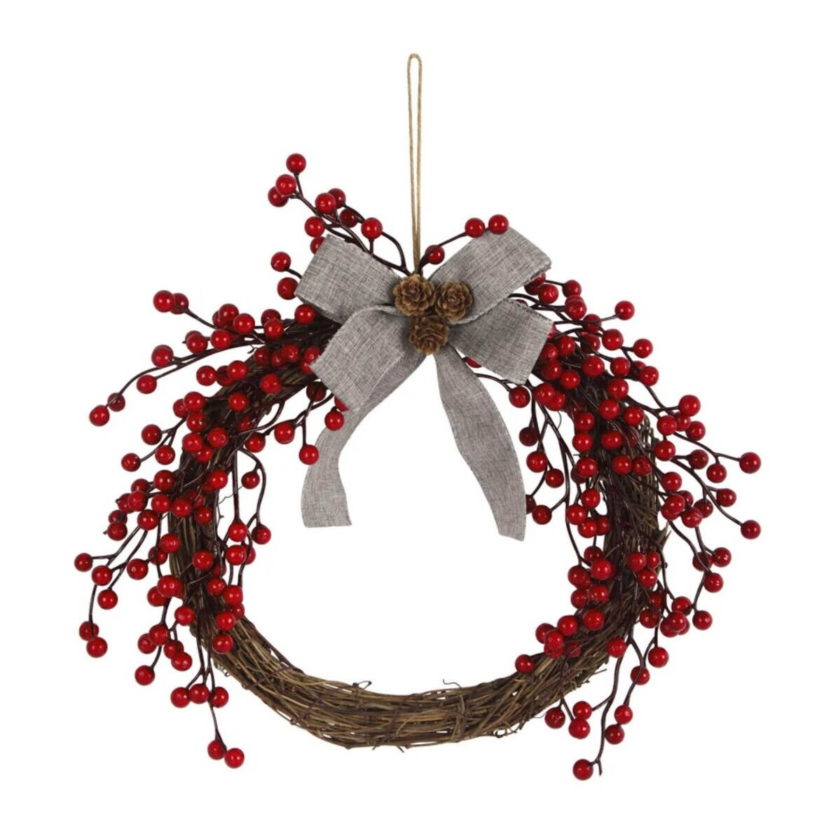 Coronita pentru Craciun idealStore, Diametru 40 CM, Decorata cu Crengute si Fructe de Merisor, Combinatie de Culori Maros si Rosu, Fundita Argintie Inclusa, Design Rustic