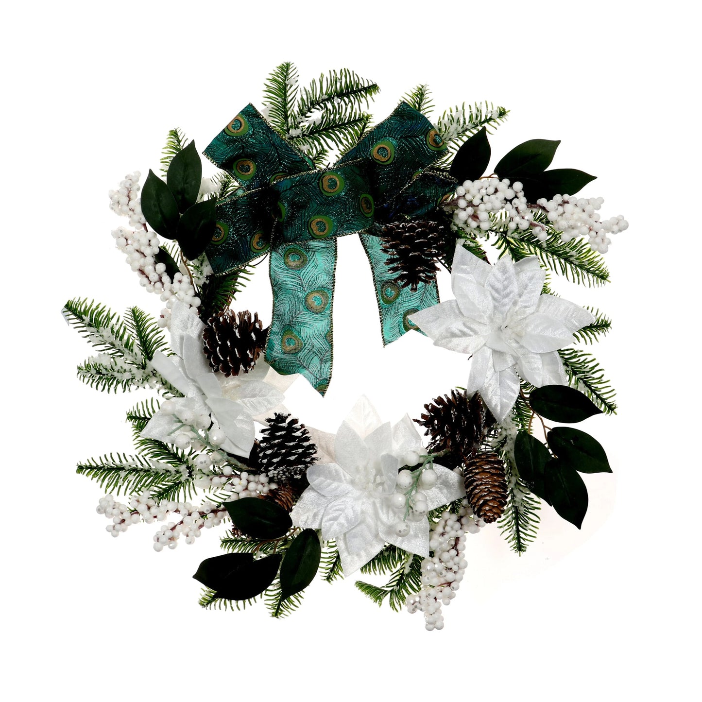 Coronita pentru Craciun idealStore din Brad Artificial, Diametru 50 CM, Decorata cu Conuri de Brad, Vasc si Flori Albe, Combinatie Vibranta de Culori, Simpla si Eleganta, Culoare Verde cu Alb