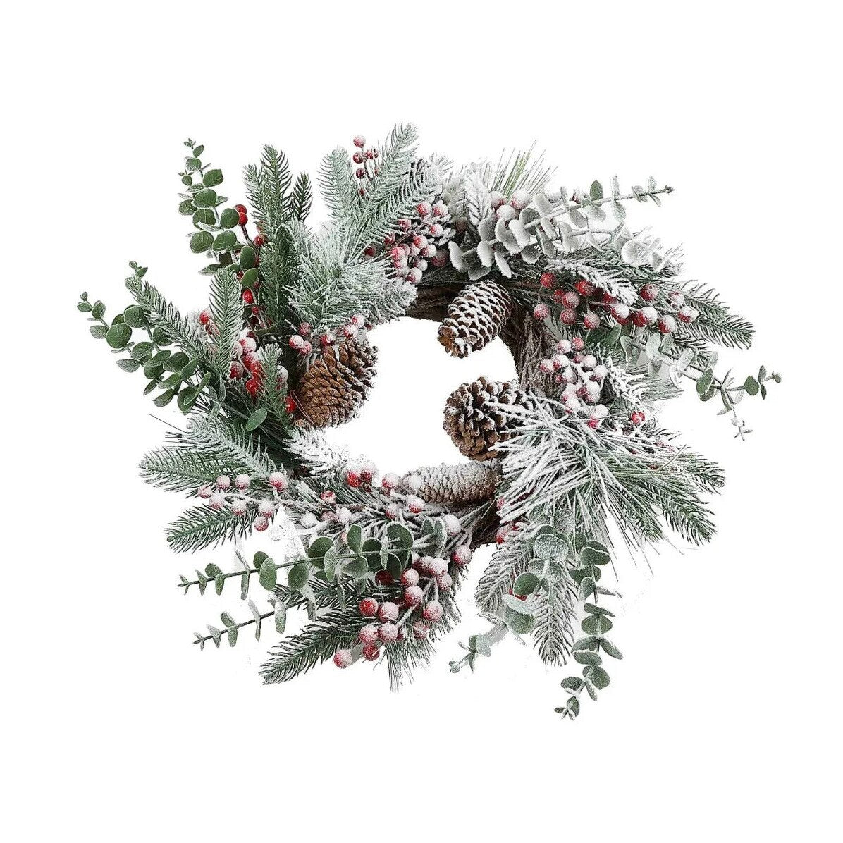 Coronita pentru Craciun idealStore din Brad Artificial, Diametru 50 CM, Decorata cu Crengute de Brad Ninse, Fructe Rosii si Conuri de Brad, Simpla si Eleganta, Culoare Verde cu Alb