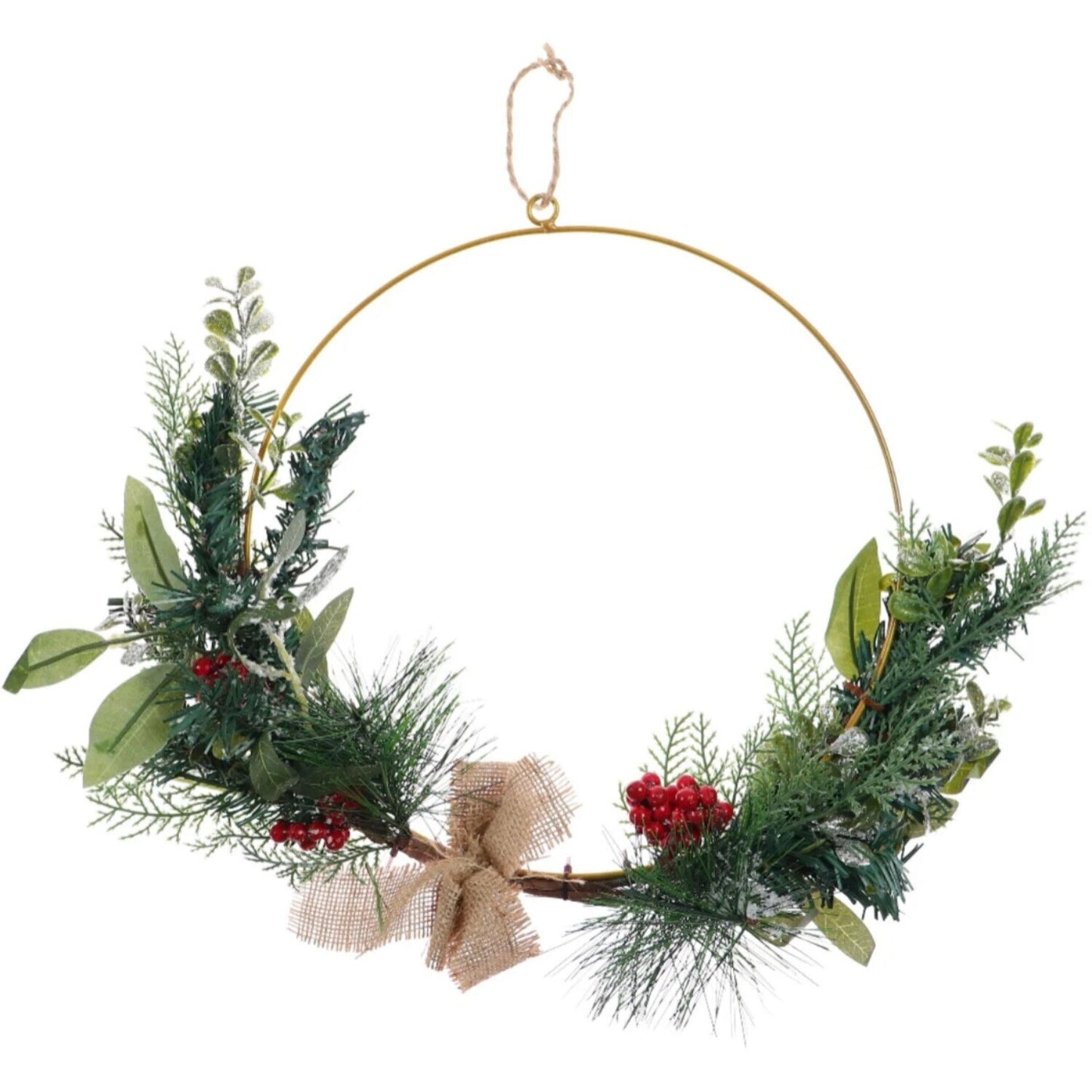 Coronita pentru Craciun idealStore din Brad Artificial, Diametru 40 CM, Cadru Metalic Auriu, Combinatie Vibranta de Culori, Simpla si Eleganta, Culoare Verde cu Auriu