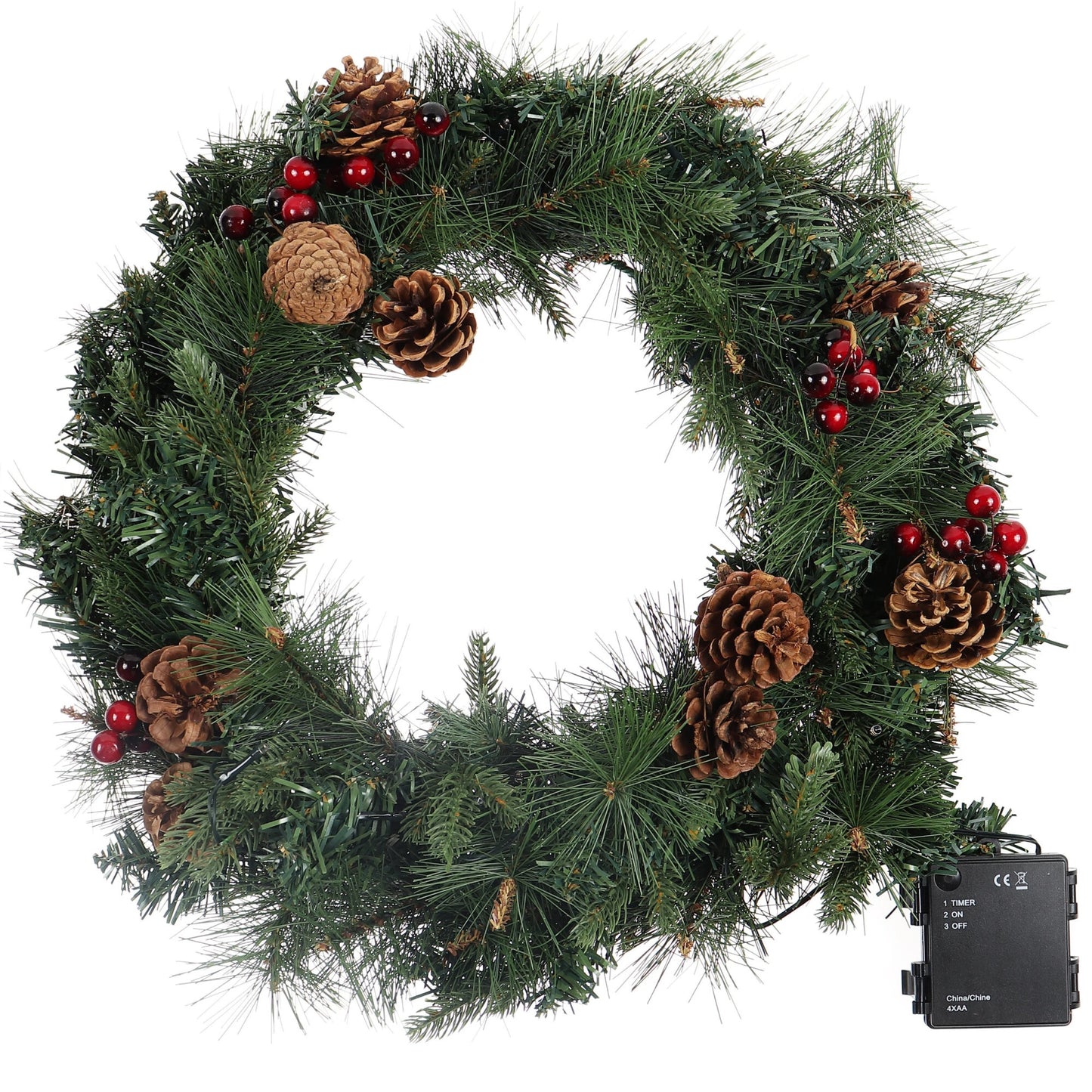 Coronita pentru Craciun idealStore din Brad Artificial, Diametru 60CM, Formata din 200 Varfuri de Brad, Echipata cu 50 Led-uri, Lumina Calda, Decorata cu Fructe si Conuri de Brad, Culoare Verde