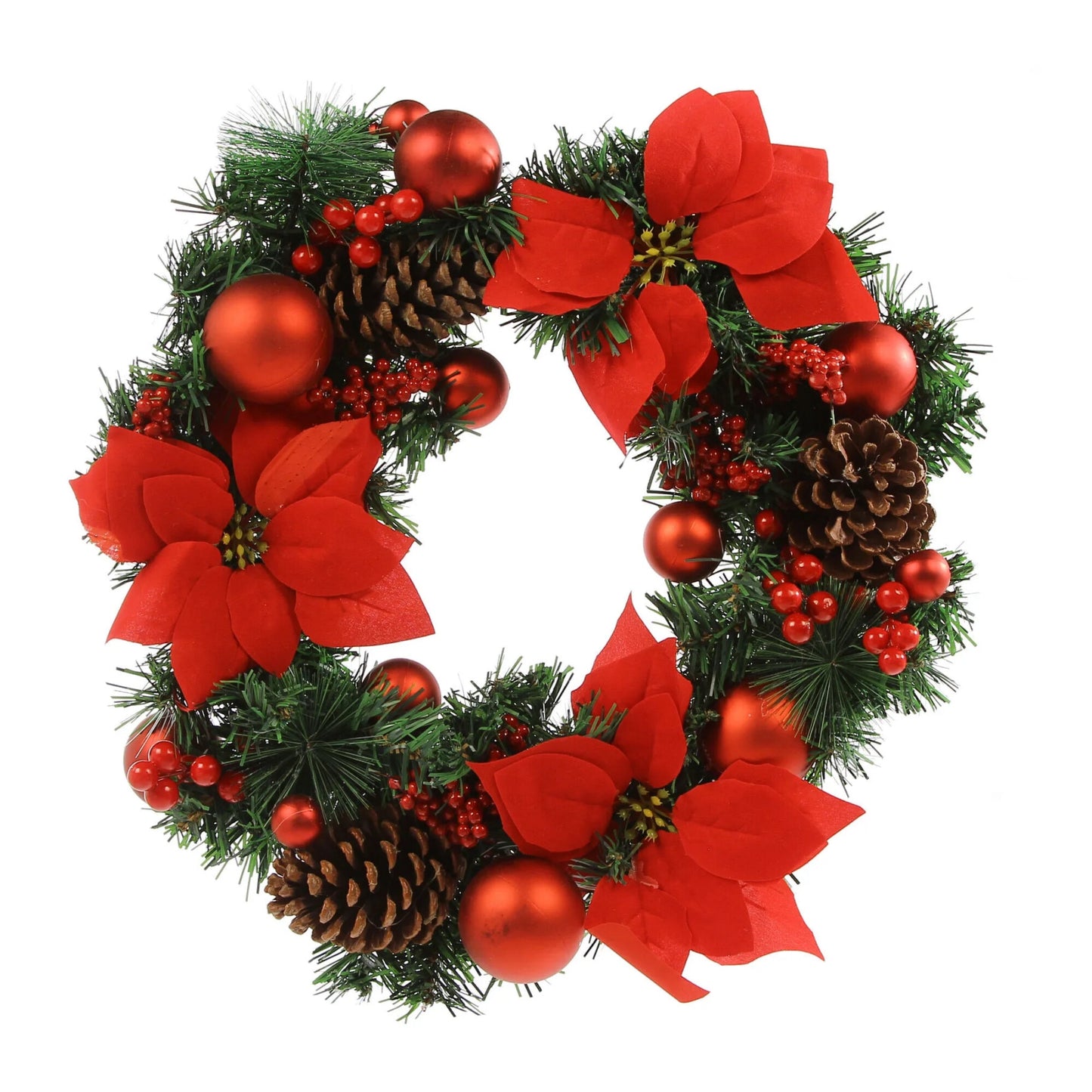 Coronita pentru Craciun idealStore din Brad Artificial, Diametru 50CM, Decorata cu Fructe, Globulete, Craciunite si Conuri de Brad, Culoare Verde cu Rosu