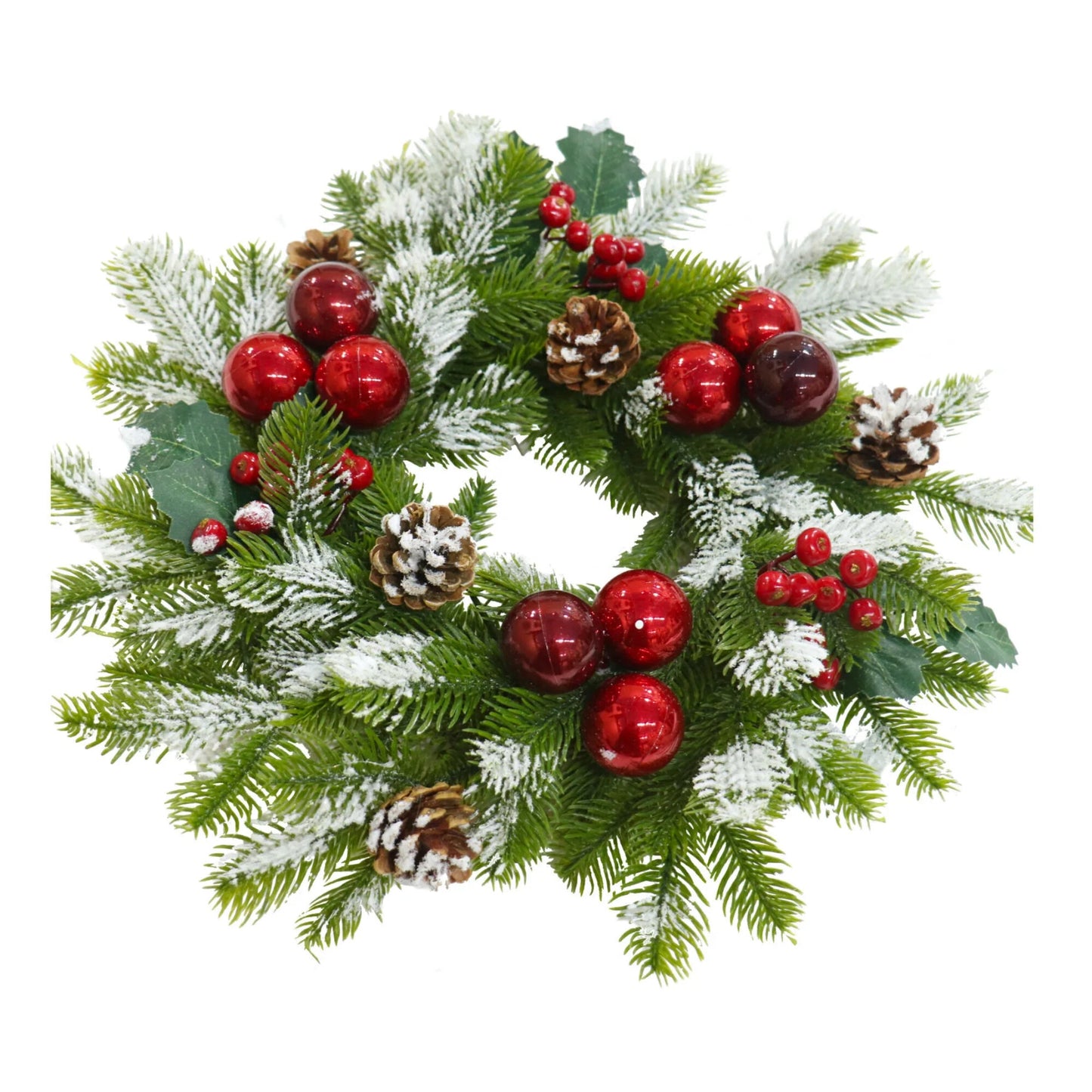 Coronita pentru Craciun idealStore din Brad Artificial, Diametru 40CM, Crengute Ninse, Decorata cu Fructe, Globulete Rosii si Conuri de Brad, Culoare Verde Rosu