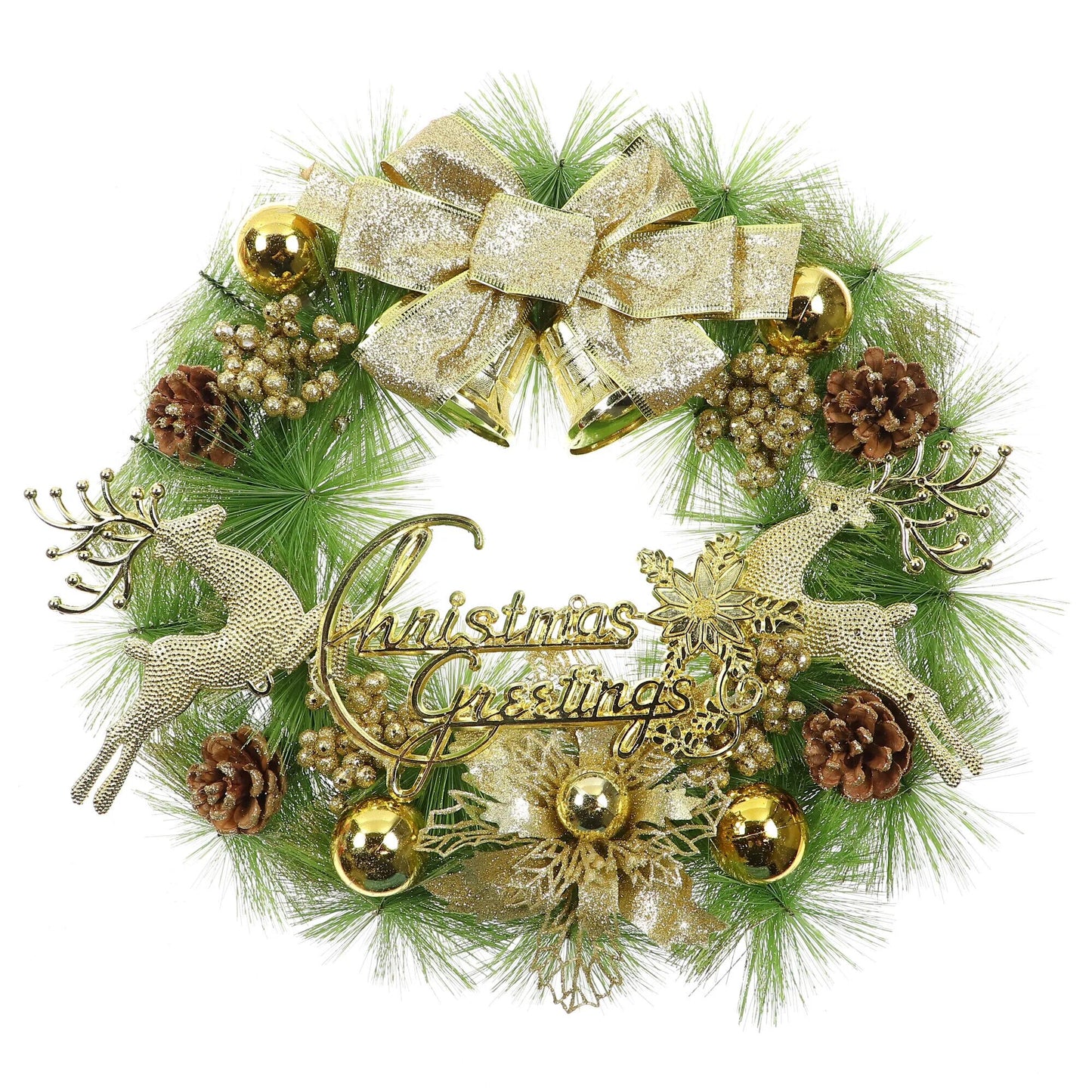 Coronita pentru Craciun idealStore din Brad Artificial, Diametru 40CM, Decorata cu Globulete, Reni, Fundite si Conuri de Brad, Culoare Verde Auriu