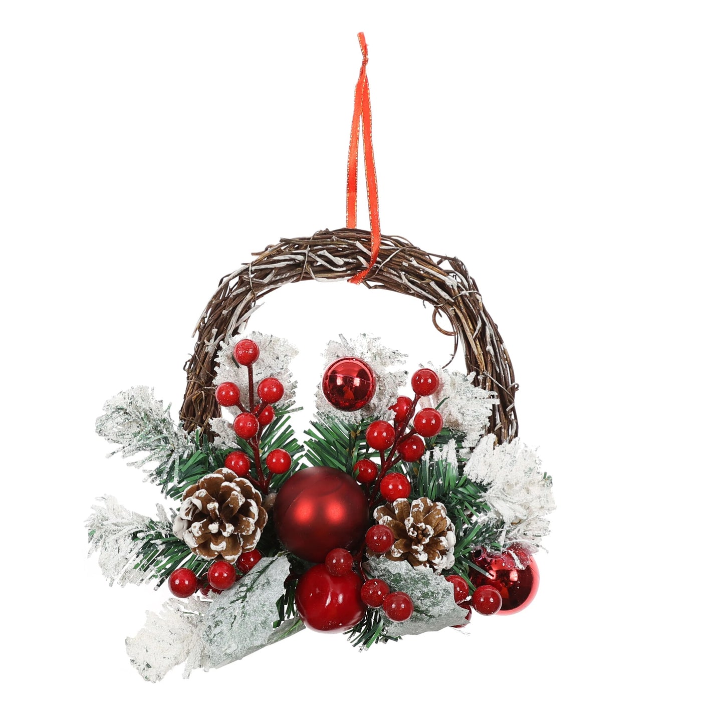 Coronita pentru Craciun idealStore din Brad Artificial, Diametru 27CM, Decorata cu Ramuri Verzi Ninse, Globuri Mici Rosii si Conuri de Brad, Culoare Verde Rosu